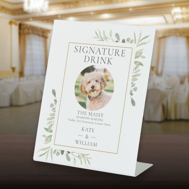 Signe De Table Boisson Signature Photo d'Animal de Compagnie Verd (Pet Photo Signature Drink Greenery Wedding Pedestal Sign)