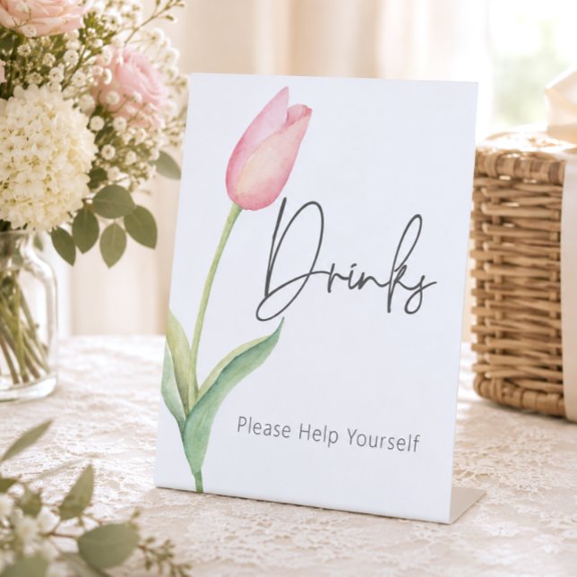 Signe De Table Boissons de Fête de Fiançailles Fleur de Tulipe Ro (Modern Pink Tulip Solo Bridal Shower Drinks Pedestal Sign)