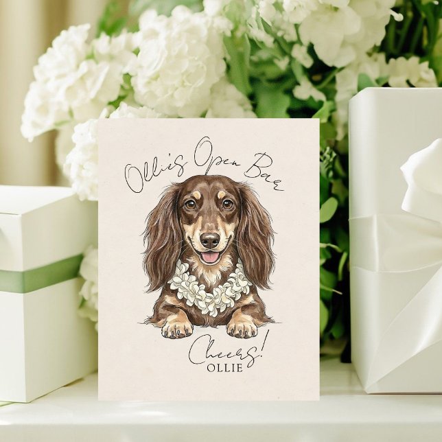 Signe De Table Boissons de mariage de teckel tropical sur moi (Tropical Dachshund Wedding Drinks On Me Pedestal Sign)