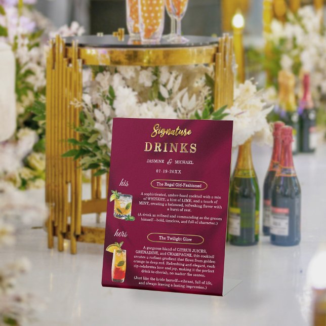 Signe De Table Boissons de mariage simples bordeaux et or (Créateur téléchargé)