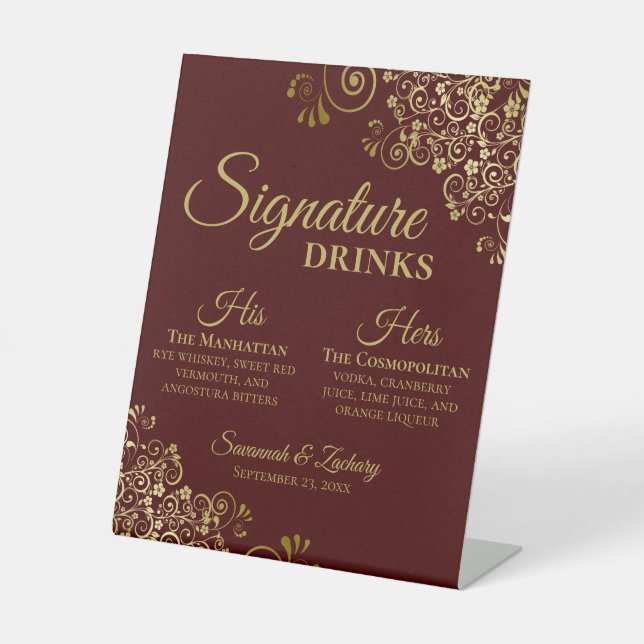 Signe De Table Boissons de signature Auburn Brown & Gold Mariage  (Recto)