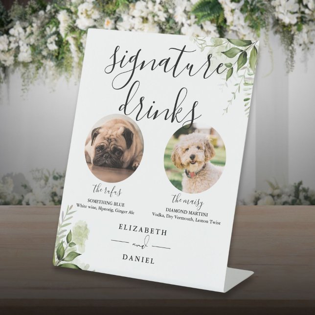 Signe De Table Boissons de signature de chien de compagnie de ver (Greenery Wedding Pet Dog Signature Drinks Pedestal Sign)
