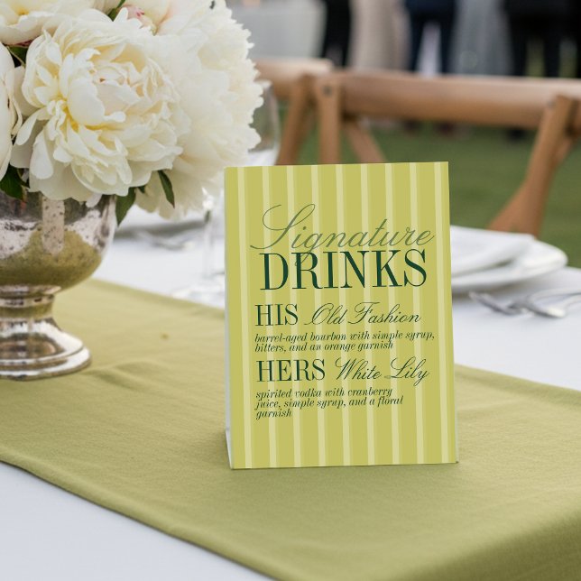 Signe De Table Boissons de signature de mariage à rayures Chartre (Elegant Chartreuse Stripe Signature Drinks Wedding Pedestal Sign)
