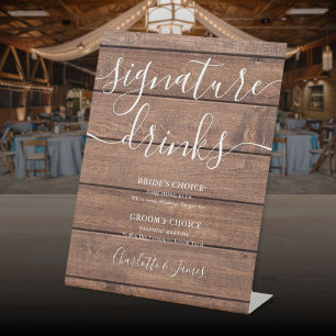 Signe De Table Boissons de signature de mariage en bois de grange