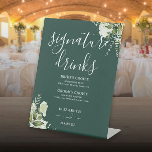 Signe De Table Boissons de signature de mariage floral émeraude