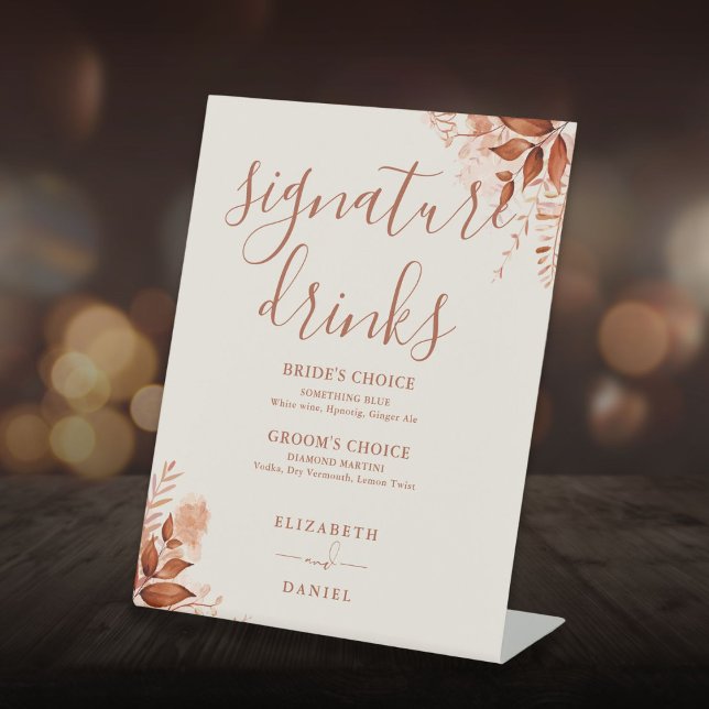 Signe De Table Boissons de signature de mariage floral rustique d (Rustic Floral Fall Wedding Signature Drinks Pedestal Sign)
