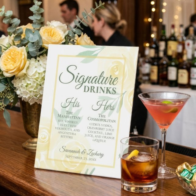 Signe De Table Boissons de signature de mariage Jaune Beurre Boho (AI-Generated Models used in Mockup Imagery.)