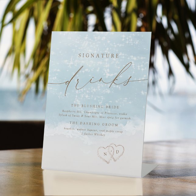 Signe De Table Boissons de signature de Modern Script Sand Hearts (Modern Script Sand Hearts Beach Signature Drinks Pedestal Sign)