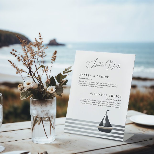 Signe De Table Boissons de signature de voilier côtier menu maria (Elegant signature drinks pedestal sign, perfect for a coastal, new english wedding.)