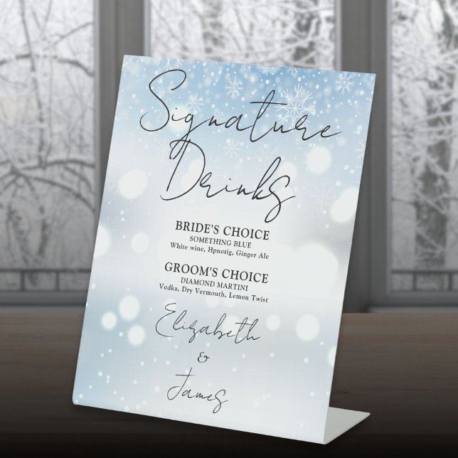 Signe De Table Boissons de signature d'écriture élégante Flocons  (Elegant Script Signature Drinks Winter Snowflakes Pedestal Sign)