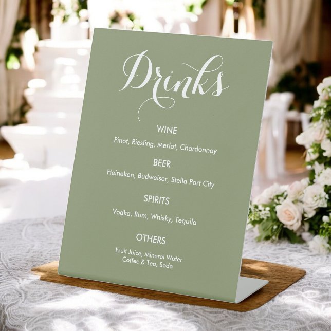 Signe De Table Boissons Menu Mariage Sage Vert Blanc (Créateur téléchargé)