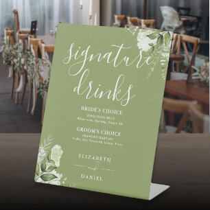 Signe De Table Boissons Signature de Mariage Floral Vert de Mouss
