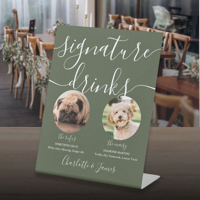 Signe De Table Boissons Signature de Mariage Vert Olive pour Chie (Olive Green Wedding Pet Dog Signature Drinks Pedestal Sign)