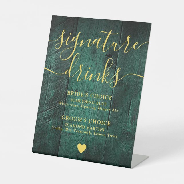 Signe De Table Boissons Signature en Bois Rustique Vert Emeraude  (Recto)