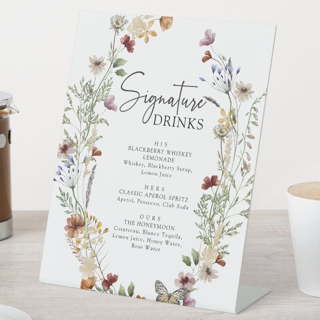 Signe De Table Boissons Signature Florales Boho (White Boho Floral Signature Drinks Pedestal Sign by Painted Paperie
)