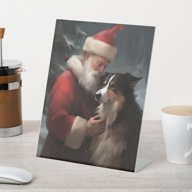 Signe De Table Border Collie avec le Père Noël Noël Festif (In SItu)