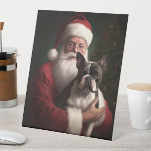 Signe De Table Boston Terrier avec Noël Festif du Père Noël