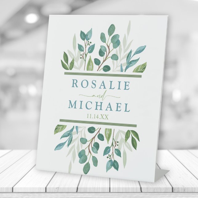 Signe De Table Botanical Green Nom personnalisé (Botanical Greenery Freestanding Custom Wedding Tabletop Sign)