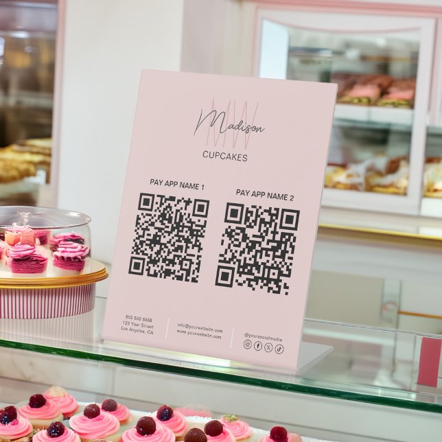 Signe De Table Boulangerie QR Scan pour payer le logo Monogram Bu (Bakery QR Scan To Pay Monogram Logo Business Pedestal Sign)