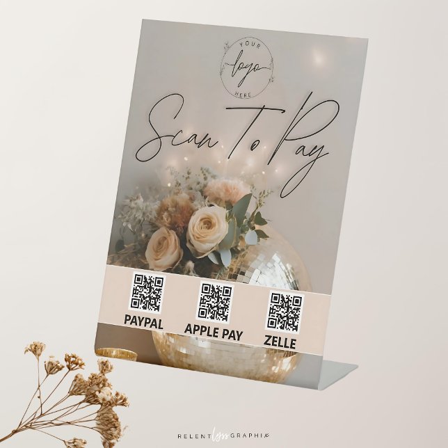 Signe De Table Boule Disco | Boho Florals | Code QR | Signal de p (Créateur téléchargé)