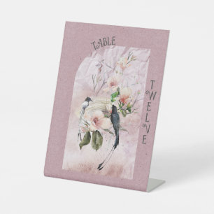 Signe De Table Bourgogne Dusty Magnolia fleurit et oiseaux