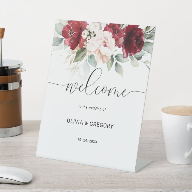 Signe De Table Bourgogne et rose pâle Affiche de bienvenue floral (In SItu)