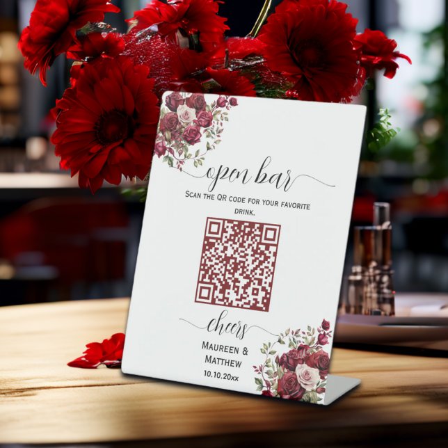 Signe De Table Bourgogne Floral Moderne QR Code Mariage Open Bar (Créateur téléchargé)
