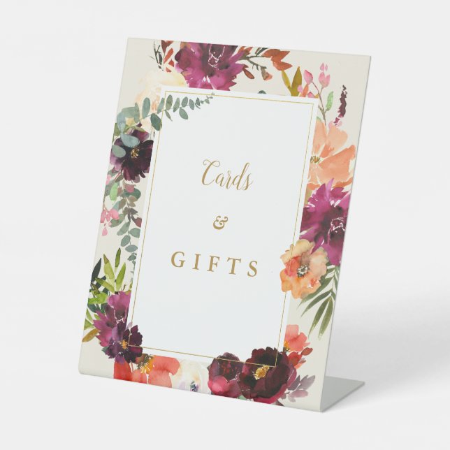 Signe De Table Bourgogne + Pêche Aquarelle Mariage Floral (Recto)