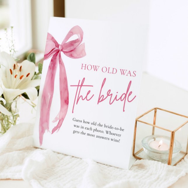 Signe De Table Bow Rose Vieux Quel Était L'Âge De La Fête des mar (Blush Pink Bow How Old Was The Bride Bridal Shower Poster)