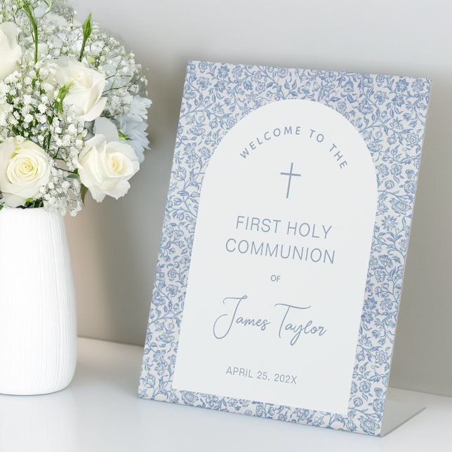 Signe De Table Boy First Communion Blue White Arch Floral Welcome (Créateur téléchargé)