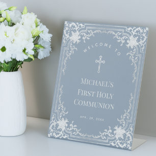 Signe De Table Boy First Communion Dusty Blue Vintage Bienvenue
