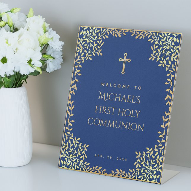 Signe De Table Boy First Communion Faux Gold Feuilles Royal Blue (Créateur téléchargé)