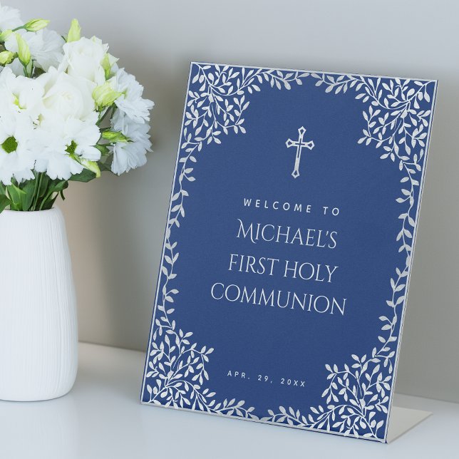 Signe De Table Boy First Communion Royal Blue Feuilles Bienvenue (Créateur téléchargé)