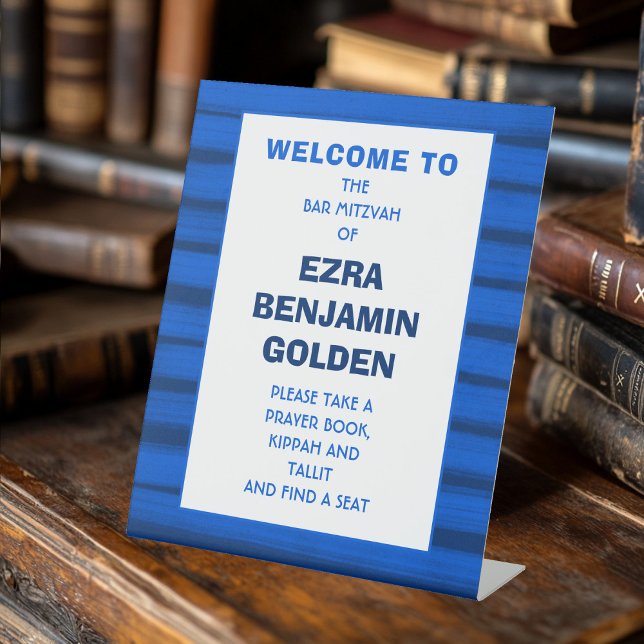 Signe De Table Brochures Bleu Barre Bat mitzvah PERSONNALISÉ (Brushstrokes Stripes Blue Bar Bat Mitzvah CUSTOM Pedestal Sign
)
