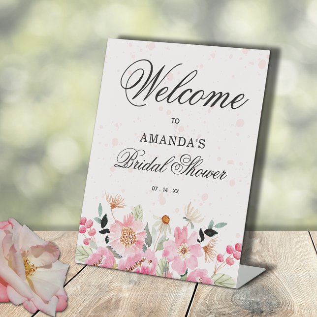 Signe De Table Brunch nuptial rose Floral Bienvenue (Pink floral bridal shower  Welcome pedestal tabletop sign)