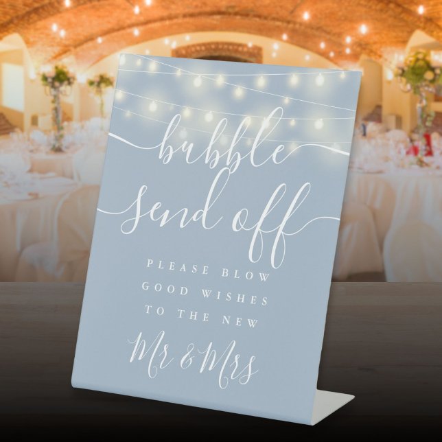 Signe De Table Bubble Envoyer Hausses de cordes Dusty Blue (Bubble Send Off String Lights Dusty Blue Pedestal Sign)