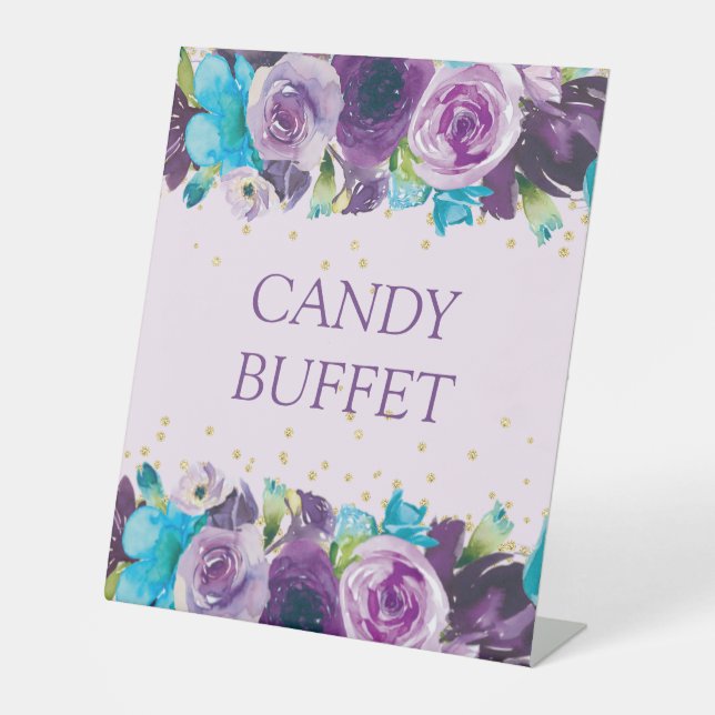 Signe De Table Buffet de bonbons floraux aquarelle bleu violet  (Recto)