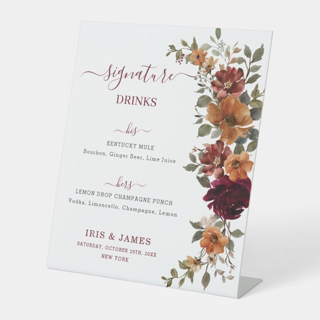 Signe De Table Burgundy Burnt Orange Floral Mariages Menu Boisson (Recto)