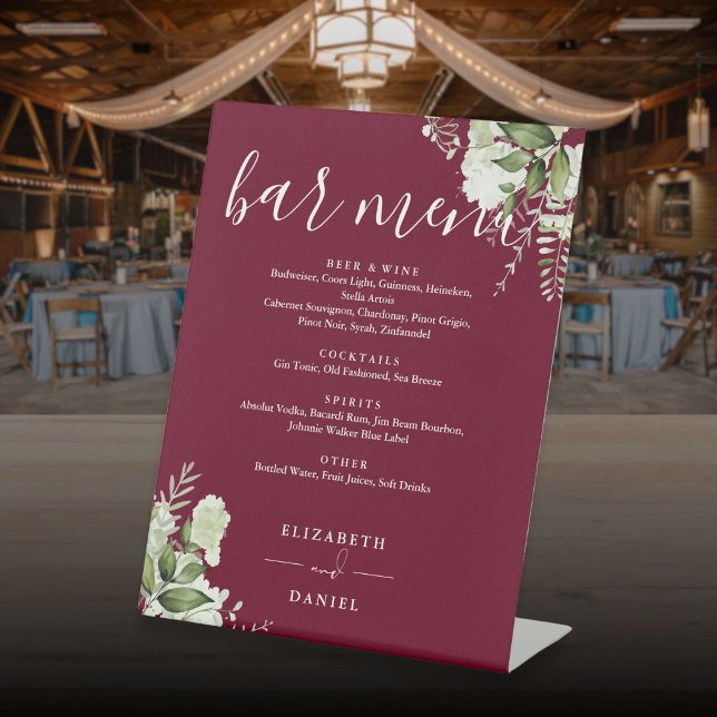 Signe De Table Burgundy Floral Greenery Mariage Bar Menu (Burgundy Floral Greenery Wedding Bar Menu Pedestal Sign)