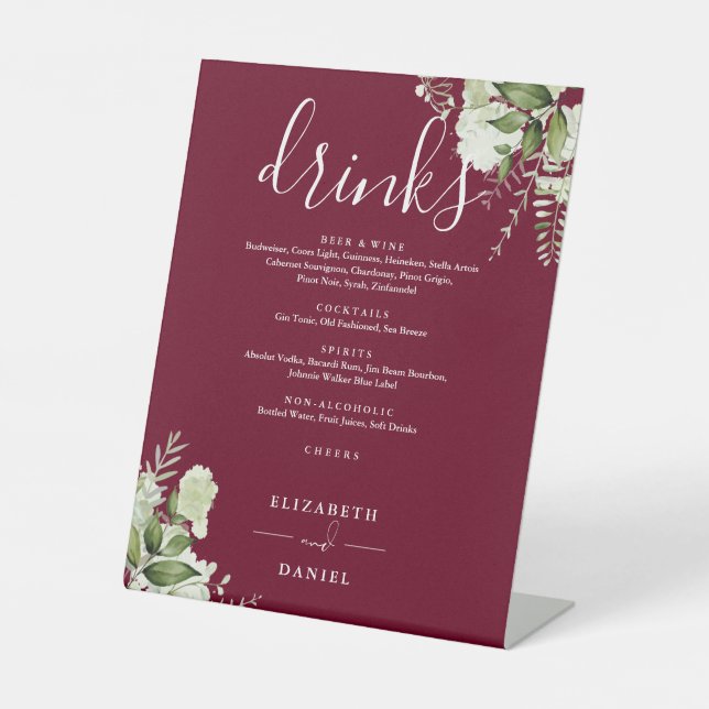 Signe De Table Burgundy Floral Greenery Mariage Boissons Menu (Recto)