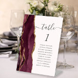 Signe De Table Burgundy Gold Agate Blush Mariage Numéro de table<br><div class="desc">Le bord gauche de cet élégant socle de numéro de table mariage moderne est doté d'une bordure d'aquarelle rouge bordeaux et ornée d'une parties scintillant en faux or. Le mot "table" apparaît dans un script gris fusain blanc sur un arrière - plan rose vif. Ajoutez les noms de vos invités...</div>