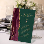 Signe De Table Burgundy Gold Agate Green Mariage Numéro de tablea<br><div class="desc">Le bord gauche de cet élégant socle de table mariage moderne comporte une bordure d'aquarelle bordée de parties scintillant en faux or. Le mot "table" apparaît dans un script blanc couleur or sur un arrière - plan vert émeraude. Ajoutez les noms de vos invités qui sont affectés à chaque table....</div>