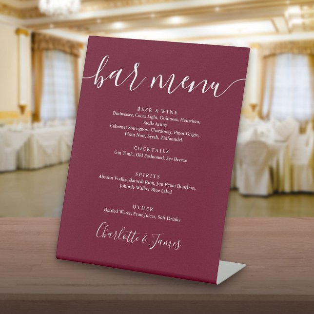 Signe De Table Burgundy Signature Script Mariage Bar Menu (Burgundy Signature Script Wedding Bar Menu Pedestal Sign)