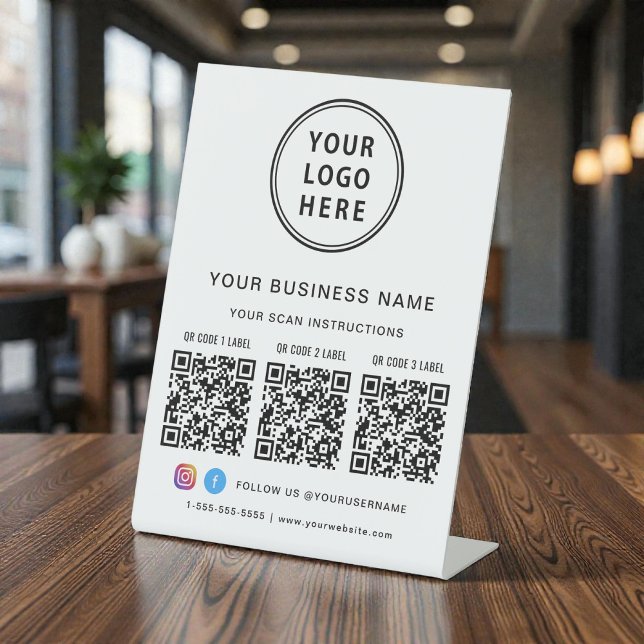 Signe De Table Business Logo 3 QR Codes Social Media (Business Logo 3 QR Codes Social Media Pedestal Sign)