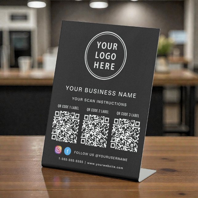 Signe De Table Business Logo 3 QR Codes Social Media Black (Business Logo 3 QR Codes Social Media Black Pedestal Sign)