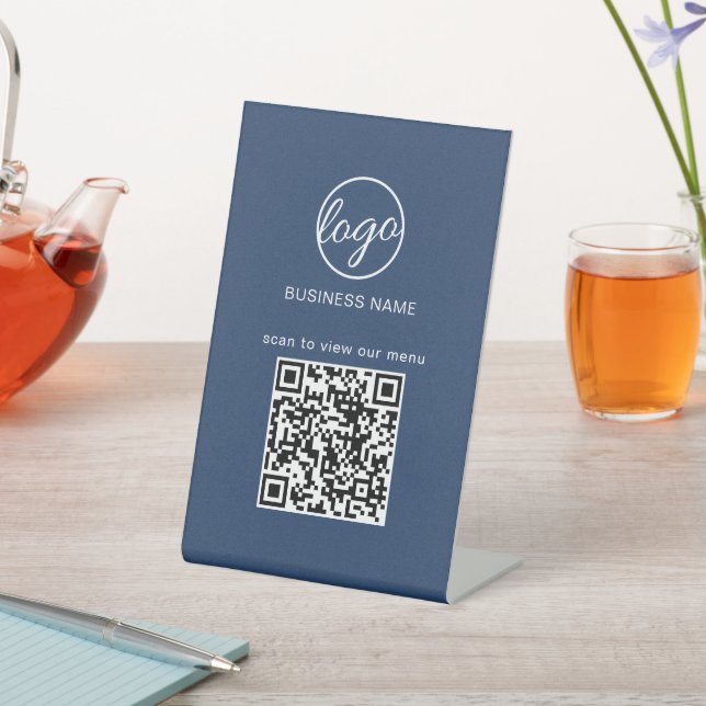Signe De Table Business Logo QR Code Restuarant Menu Navy Blue (In SItu)