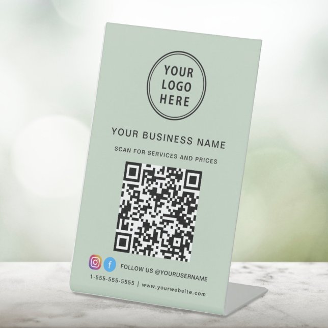 Signe De Table Business Logo Scan Me QR Code Social Media Sage (Créateur téléchargé)