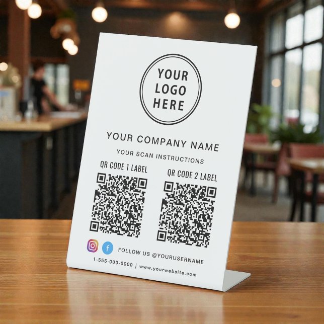 Signe De Table Business Logo Social Media Create 2 QR Codes (Business Logo Social Media Create 2 QR Codes Pedestal Sign)