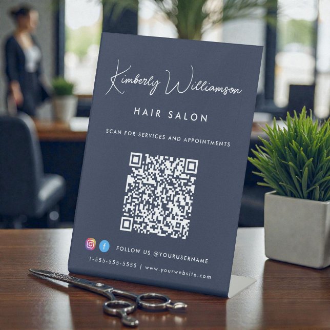 Signe De Table Business Name Stylish Signature Script QR Code (Business Name Stylish Signature Script QR Code Pedestal Sign)