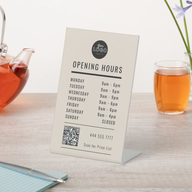 Signe De Table Business Opening Hours Black on Beige Logo QR Code (In SItu)